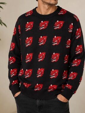 H&M Divided Men’s Black Sweater – Red Dragon Face Graphic – Size Medium EC